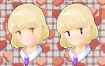  1girl bangs blonde_hair blunt_bangs blush collared_shirt commentary_request cropped_shoulders eyebrows_visible_through_hair face heart heart_background highres maromi_moko0702 multiple_views necktie open_eyes parted_lips plaid plaid_background purple_neckwear shirt short_hair solid_oval_eyes uchi_emiri watashi_ga_motenai_no_wa_dou_kangaetemo_omaera_ga_warui! white_shirt yellow_eyes 