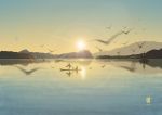  2girls animal bird boat highres lake landscape long_hair mountain multiple_girls original sanaa scenery signature silhouette sky statue sun sunset teapot twilight twintails water watercraft 