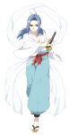  1boy antenna_hair blue_hair full_body geta highres kuso_(reishun) long_hair long_sleeves looking_at_viewer male_focus open_toe_shoes pink_eyes sheath sheathed shishiwakamaru sidelocks simple_background solo sword weapon white_background yuu_yuu_hakusho 