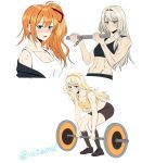  3girls absurdres an-94_(girls_frontline) artist_name bangs black_shorts blonde_hair blue_eyes blush breasts cleavage collarbone eyebrows_visible_through_hair girls_frontline green_eyes hair_ribbon hairband highres jacket jacket_on_shoulders kalina_(girls_frontline) long_hair medium_breasts multiple_girls muscle muscular_female o.k.corral orange_hair ribbon s.a.t.8_(girls_frontline) shirt shorts small_breasts sports_bra sportswear stomach sweat white_background white_shirt yellow_shirt 