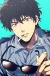  1boy black_hair blue_background blue_eyes blue_shirt cigarette collared_shirt commentary_request hair_between_eyes holding holding_eyewear looking_at_viewer male_focus mashima_shima matsuda_jinpei meitantei_conan mouth_hold police police_uniform policeman shirt simple_background smoke smoking solo sunglasses twitter_username uniform upper_body 