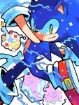  2009 anthro blblchiyori blue_body blue_fur candle clothing confetti cupcake eulipotyphlan fire flower food footwear fur gift gloves green_eyes handwear hedgehog male mammal plant shoes simple_background smile solo sonic_the_hedgehog sonic_the_hedgehog_(series) white_background 