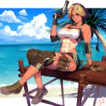  abs aqua_eyes beach black_hair blonde_hair blue_sky boots breasts dark_skin gloves gun highres holster knee_pads magazine_(weapon) medium_breasts military_operator multicolored_hair muscle muscular_female ogami oni original sky tail tan tanline weapon 