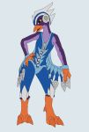  activision anthro armor avian beak bird brown_eyes claws clothing feathers female fingers harolthedragon hi_res holding_object looking_at_viewer open_mouth orange_claws purple_body purple_feathers skylanders solo stormblade toe_claws toes video_games zipper 
