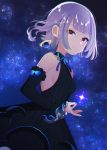  1girl black_dress breasts commentary detached_sleeves dress earrings frilled_cuffs highres jewelry looking_at_viewer mamyouda original purple_eyes purple_hair sideboob signature sky sleeveless small_breasts star_(sky) starry_sky tagme 