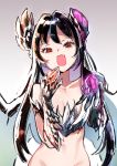  1girl black_hair broken_horn collarbone fang fingernails gradient gradient_background highres holding horns laughing long_hair monster_hunter monster_hunter:_world navel o.m open_mouth red_eyes shiny shiny_skin sketch smug solo tearing_up wings 