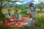  4girls a_little_princess anne_of_green_gables anne_shirley barefoot blanket braid brown_eyes brown_hair cake cloud commission commissioner_upload curly_hair dress english_commentary food fruit grass green_eyes hat heidi lake landscape long_hair mary_lennox mountain multiple_girls outdoors picnic picnic_basket pinafore_dress plate realistic red_hair sara_crewe scenery shade shadow short_hair sun_hat the_secret_garden tree tychytamara 
