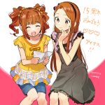  2girls anniversary black_skirt blue_shorts blush brown_eyes brown_hair closed_eyes closed_mouth collarbone dated forehead frilled_sleeves frills hair_ornament hair_scrunchie hairband holding_letter idolmaster idolmaster_(classic) long_hair minase_iori momose_(oqo) multiple_girls open_mouth orange_shirt pink_shirt reading scrunchie shirt shorts signature sitting skirt sleeveless smile takatsuki_yayoi twintails 