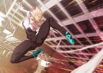  1girl \m/ ballet_slippers bodysuit building city eyebrow_piercing gwen_stacy highres marvel midair piercing short_hair sidecut silk smile solo speed_lines spider-gwen spider-man:_into_the_spider-verse spider-man_(series) spider_web spider_web_print spread_legs superhero tomoyuki_kotani 