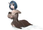  2019 big_breasts blue_eyes blue_hair blush bodily_fluids breasts female gastropod hair kojika mollusk nipples nude open_mouth simple_background slug solo tears transformation what white_background 