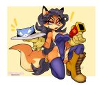  ! anthro black_hair breasts canid canine carmelita_fox cleavage clothed clothing female footwear fox gun hair handgun hi_res high_heeled_boots high_heels kneeling legwear looking_at_viewer mammal milkchaotea on_one_knee one-piece_swimsuit orange_body plate ranged_weapon shoes simple_background sly_cooper_(series) solo sony_corporation sony_interactive_entertainment sucker_punch_productions swimwear thigh_highs video_games weapon yellow_background 