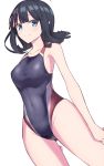  bangs bare_shoulders black_hair black_swimsuit blue_eyes blush breasts closed_mouth collarbone covered_navel elfenlied22 fate/requiem fate_(series) highleg highleg_swimsuit highres large_breasts looking_at_viewer medium_hair multicolored_hair one-piece_swimsuit pink_hair sidelocks smile streaked_hair swimsuit thighs utsumi_erise 