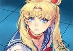  1girl 2020 ahoge bangs bishoujo_senshi_sailor_moon blonde_hair blue_eyes blue_sailor_collar choker circlet collarbone collared_shirt crescent crescent_earrings dated double_bun earrings eyebrows_visible_through_hair hair_intakes hair_ornament heart heart_choker iris@work jewelry long_hair parted_lips red_choker sailor_collar sailor_moon sailor_moon_redraw_challenge sailor_senshi_uniform sailor_shirt shiny shiny_hair shirt short_sleeves signature solo upper_body very_long_hair white_shirt 