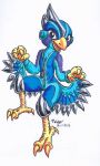  2016 activision armor avian bird black_eyes blademanunitpi blue_body blue_feathers claws clothing feathers headgear headwear hi_res open_mouth purple_body purple_feathers signature skylanders stormblade toe_claws tongue traditional_media_(artwork) video_games zipper 