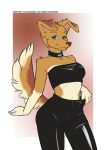  absurd_res brown_body canid canine canis collar domestic_dog female floppy_ears fluffy fluffy_tail fur green_eyes hi_res invalid_tag latex_pants mammal shiny_(disambiguation) tube_top utouchmyweird 