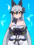  1girl animal_ear_fluff animal_ears artist_request bare_shoulders black_flower black_gloves black_hair black_rose blue_background blush breasts bride choker cleavage collarbone commentary commentary_request dress elbow_gloves eyebrows_visible_through_hair feathers flower fox_ears gloves hair_flower hair_ornament highres kemono_friends large_breasts long_hair looking_at_viewer multicolored_hair rose silver_fox_(kemono_friends) silver_hair simple_background smile solo two-tone_hair very_long_hair white_robe 