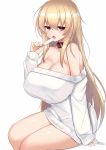  1girl bangs bare_shoulders blonde_hair breasts collar dress dripping eating eyebrows_visible_through_hair food hair_between_eyes highres huge_breasts kubiwa_(kutan) kutan licking long_hair long_sleeves looking_at_viewer no_bra off-shoulder_dress off-shoulder_sweater off_shoulder open_mouth original popsicle purple_eyes red_collar ribbed_sweater short_dress simple_background sitting sleeves_past_wrists solo sweater sweater_dress thighs tongue tongue_out white_background white_dress white_sweater 