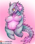  anthro anthrofied breasts chubby_female claws fangs female genitals grey_body hi_res horn kaiju lizzie_(rampage) multicolored_body open_mouth open_smile pink_body pussy rampage_(film) simple_background smile solo spikes two_tone_body vipery-07 yellow_eyes 