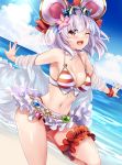  1girl ;d animal_ears bangs bare_shoulders beach bikini bikini_skirt blue_sky blush bow breasts cleavage collarbone day detached_collar eyebrows_visible_through_hair eyewear_on_head fake_animal_ears flower granblue_fantasy hair_bow hair_flower hair_ornament highres hinata_sora large_breasts leg_garter looking_at_viewer mouse_ears navel ocean off_shoulder one_eye_closed open_clothes open_mouth open_shirt outdoors outstretched_arms red_bow red_eyes shirt silver_hair skindentation skirt sky smile solo star-shaped_eyewear striped striped_bikini sunglasses swimsuit vikala_(granblue_fantasy) water wet white_shirt 