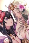  2girls blue_eyes blue_hair breasts byleth_(fire_emblem) byleth_(fire_emblem)_(female) cleavage closed_eyes closed_mouth fire_emblem fire_emblem:_three_houses fire_emblem_heroes flower green_hair hair_flower hair_ornament holding large_breasts long_hair multiple_girls nakapipo parted_lips rhea_(fire_emblem) swimsuit upper_body 