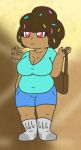 annoyed bag belly big_breasts bottomwear breasts clothing doughnut female fluffy fluffy_hair food food_creature freckles frown hair humanoid legwear overweight overweight_female overweight_humanoid pink_eyes shirt shorts socks solo sorrymannobodyhere sprinkles topwear v-neck 