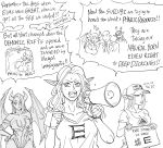  !? /\/\/\ 3girls baseball_cap bb_(baalbuddy) breasts cleavage closed_mouth commentary contrapposto demon_girl demon_horns demon_wings denim elf english_commentary english_text greyscale hair_over_one_eye hand_on_hip hat heart highres holding holding_sign horns illuminati jeans large_breasts leotard make_america_great_again megaphone monochrome multiple_girls open_mouth original pants parody pointy_ears qanon shirt sign sweat thigh_gap thighhighs triangle_mouth wings wristband 