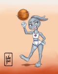 2019 3_toes 4_fingers anthro ball basketball_(ball) basketball_uniform clothed clothing crossover disney female fingers fur gloves grey_body grey_fur hand_on_hip handwear hi_res judy_hopps lagomorph leporid lola_bunny looking_aside looney_tunes mammal midriff open_mouth pink_nose purple_eyes rabbit scut_tail slim solo space_jam sportswear surge-spark toes uniform warner_brothers white_clothing white_gloves zootopia 