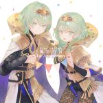  1boy 1girl anniversary belt black_shorts byleth_(fire_emblem) byleth_(fire_emblem)_(female) byleth_(fire_emblem)_(male) cape closed_mouth confetti copyright_name dagger eotyq58d6do16cs fire_emblem fire_emblem:_three_houses green_eyes green_hair open_mouth pantyhose sheath sheathed short_hair shorts simple_background smile tiara weapon white_background 