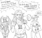  3girls baseball_cap bb_(baalbuddy) breasts cleavage closed_mouth commentary contrapposto demon_girl demon_horns demon_wings denim elf english_commentary english_text greyscale hair_over_one_eye hand_on_hip hat highres holding holding_sign horns illuminati jeans large_breasts leotard make_america_great_again megaphone monochrome multiple_girls open_mouth original pants parody pointy_ears qanon shirt sign sweat thigh_gap thighhighs triangle_mouth wings wristband 