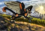  2020 ambiguous_gender avian beak black_beak day detailed_background digital_media_(artwork) feathered_wings feathers feral flashw grass gryphon mythological_avian mythology outside sky smile solo wings 