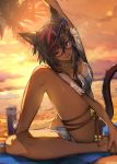  1girl animal_ears barefoot black_hair collarbone dark_skin final_fantasy final_fantasy_xiv glasses hide_(hideout) highres jewelry miqo&#039;te multicolored_hair necklace palm_tree red_eyes shirt shorts smile solo sunset tail thigh_strap tree two-tone_hair yoga 