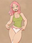  1girl :d artist_name boku_no_hero_academia breasts brown_background cameltoe cleavage crosshair_pupils green_eyes hatsume_mei lace-trimmed_panties lace_trim litsilium looking_at_viewer medium_breasts open_mouth panties pink_hair smile solo standing symbol-shaped_pupils tank_top teeth underwear upper_teeth 