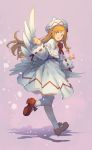  1girl blonde_hair capelet commentary_request dress eho_(icbm) feathered_wings hand_up hat highres lily_white long_sleeves mary_janes orange_eyes pink_background red_footwear ribbon-trimmed_dress ribbon-trimmed_sleeves ribbon_trim running shoes smile solo touhou white_dress white_headwear white_legwear white_wings wings 