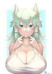  1girl absurdres animal_ear_fluff animal_ears artist_name bangs breasts cat_ears cleavage dated finger_to_mouth fingersmile green_background green_eyes green_hair hair_between_eyes highres huge_breasts long_hair looking_at_viewer na_arva original sidelocks smile solo tank_top upper_body white_tank_top 