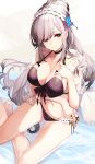  1girl absurdres azur_lane bangs bare_legs bare_shoulders bikini black_bikini black_choker breasts butterfly_hair_ornament choker cleavage closed_mouth commentary_request dunkerque_(azur_lane) dunkerque_(summer_sucre)_(azur_lane) hair_ornament hairband highres homo_1121 large_breasts long_hair looking_at_viewer navel ponytail purple_bikini red_eyes side-tie_bikini sidelocks silver_hair sitting solo swimsuit 