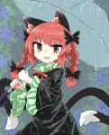  1girl animal_ears bangs black_dress black_sleeves bow braid cat_ears cat_tail chups dress extra_ears eyebrows_visible_through_hair fang food frilled_sleeves frills fruit grapes green_frills hair_bow highres holding holding_umbrella kaenbyou_rin long_sleeves looking_at_viewer multiple_tails open_mouth outdoors rain red_eyes red_hair red_nails red_neckwear short_hair smile solo tail touhou transparent transparent_umbrella twin_braids two_tails umbrella upper_body wide_sleeves 