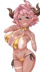  1girl bikini blue_eyes blush breasts cowboy_shot draph gold_bikini granblue_fantasy grin highres horns huge_breasts karva_(granblue_fantasy) kemurin navel pink_hair pointy_ears short_hair simple_background smile solo swimsuit tan tanline white_background 