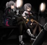  2girls acog aircraft beret cellphone cockpit crossed_legs desert_tech_mdr flip_phone girls_frontline gloves goggle55w gun hat helicopter highres interior kriss_vector mdr_(girls_frontline) multicolored_hair multiple_girls phone shoes sneakers streaked_hair submachine_gun suppressor tactical_clothes thighhighs vector_(girls_frontline) weapon 