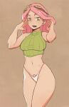  1girl arms_up artist_name boku_no_hero_academia breasts brown_background cameltoe crosshair crosshair_pupils goggles goggles_on_head green_eyes hatsume_mei high-waist_panties highres litsilium looking_at_viewer medium_breasts midriff navel open_mouth panties pink_hair sleeveless solo standing symbol-shaped_pupils teeth turtleneck underwear 