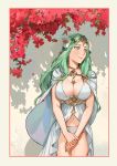  1girl breasts cleavage closed_mouth fire_emblem fire_emblem:_three_houses fire_emblem_heroes flower green_eyes green_hair hair_flower hair_ornament highres large_breasts long_hair petals rhea_(fire_emblem) sawarame7674 solo swimsuit 