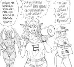 3girls baseball_cap bb_(baalbuddy) breasts cleavage closed_mouth commentary contrapposto demon_girl demon_horns demon_wings denim elf english_commentary english_text greyscale hair_over_one_eye hand_on_hip hat highres holding holding_sign horns illuminati jeans large_breasts leotard make_america_great_again megaphone monochrome multiple_girls open_mouth original pants parody pointy_ears qanon shirt sign sweat thigh_gap thighhighs trembling triangle_mouth wide-eyed wings wristband 