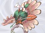  2_toes arrow attack avian beak brown_body brown_feathers clothing decidueye feathers gerigo_(artist) green_body half-closed_eyes hoodie markings narrowed_eyes nintendo orange_eyes orange_markings pok&eacute;mon pok&eacute;mon_(species) solo toes topwear video_games white_body white_feathers 