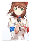  1girl amami_haruka blush border brown_hair choker collarbone commentary copyright_name eyebrows_visible_through_hair flower green_eyes hair_flower hair_ornament hair_ribbon holding holding_microphone idolmaster idolmaster_(classic) jacket liu_chi_tiantang_fr looking_at_viewer microphone ribbon short_hair simple_background smile solo starpiece_memories sweat upper_body white_background white_border white_ribbon 