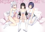  bikini black_hair blush bow gray_eyes gray_hair higuchi_kaede long_hair navel nijisanji ogamikeito ponytail purple_eyes purple_hair shizuka_rin short_hair swimsuit thighhighs tsukino_mito yellow_eyes 