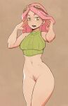  1girl arms_up artist_name boku_no_hero_academia bottomless breasts brown_background crosshair crosshair_pupils female_pubic_hair goggles goggles_on_head green_eyes hatsume_mei highres litsilium looking_at_viewer medium_breasts midriff navel open_mouth pink_hair pubic_hair pussy pussy_peek sleeveless solo standing symbol-shaped_pupils teeth turtleneck 