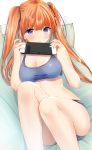  1girl :&lt; bare_arms bare_shoulders blue_eyes blue_panties breasts cleavage closed_mouth couch frown game_console highres holding long_hair looking_at_viewer lying medium_breasts midriff nail_polish on_back on_couch orange_hair original panties pink_nails simple_background skindentation solo sports_bra taut_clothes thighs twintails underwear white_background yu_yu 