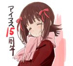  1girl amami_haruka anniversary blush brown_hair closed_eyes coat commentary_request eyebrows_visible_through_hair hair_ribbon highres idolmaster idolmaster_(classic) red_coat red_ribbon ribbon scarf short_hair simple_background smile solo upper_body white_background yamaguchi_satoshi 