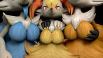  2018 3d_(artwork) absurd_res anthro big_breasts black_background black_body black_fur blue_body blue_fur blue_tongue bluffy blush bluxen braixen breasts clenched_teeth digital_media_(artwork) digitigrade dipstick_tail fan_character fangs featureless_breasts female fur groping_breasts group hand_on_breast hand_on_shoulder hi_res kristall_krit long_tongue multicolored_body multicolored_fur multicolored_tail nintendo orange_body orange_fur pok&eacute;mon pok&eacute;mon_(species) red_eyes sharp_teeth simple_background size_difference smile source_filmmaker teeth tongue video_games vii_(kristall_krit) white_body white_fur yellow_body yellow_fur 