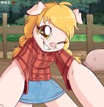  anthro anthro_focus blonde_hair bottomwear clothed clothing domestic_pig duo female feral freckles fuf green_eyes hair hi_res mammal mud one_eye_closed outside pink_body pink_skin skirt smile solo_focus suid suina sus_(pig) wink young 