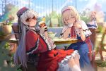  2girls alice_margatroid arm_support bendy_straw blonde_hair blue_dress blue_sky blurry blurry_background book capelet chair commentary_request cup day dress drinking drinking_glass drinking_straw eho_(icbm) flower food frilled_sleeves frills fruit hairband hat head_rest highres holding holding_cup ice ice_cube leaning_forward long_hair long_sleeves looking_at_viewer multiple_girls orange orange_slice outdoors pink_flower plant potted_plant red_capelet red_dress red_eyes red_hairband red_headwear sash shanghai_doll shinki silver_hair sitting sky summer sunglasses table teacup teapot touhou touhou_(pc-98) white_capelet wide_sleeves wooden_table yellow_eyes 